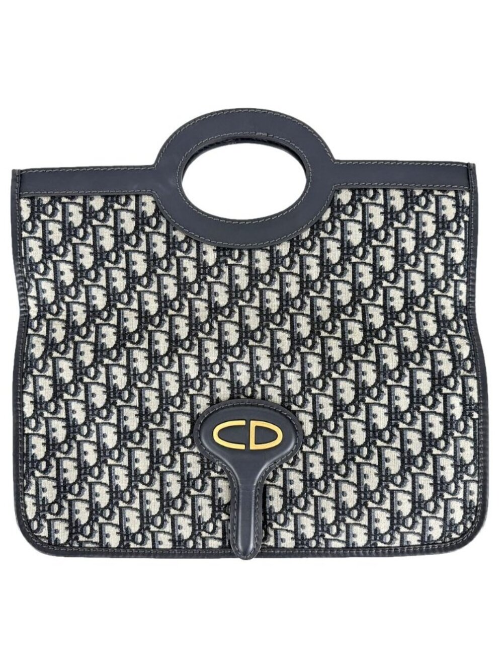 Dior 2-Way Oblique Clutch Handbag Canvas Leather Navy Gold
